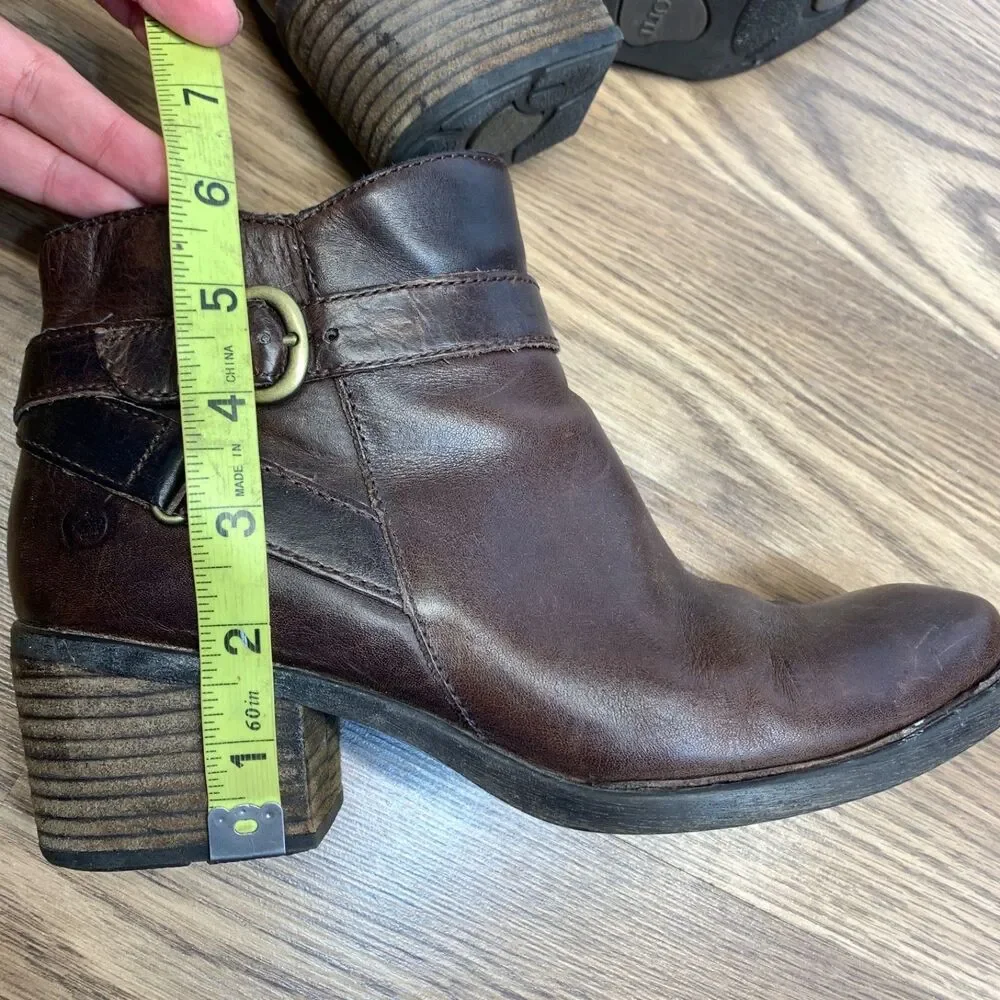 Born Shoes Womens 8M Booties Leather Casual Fashion‎ Adia Moto Brown Block Heel